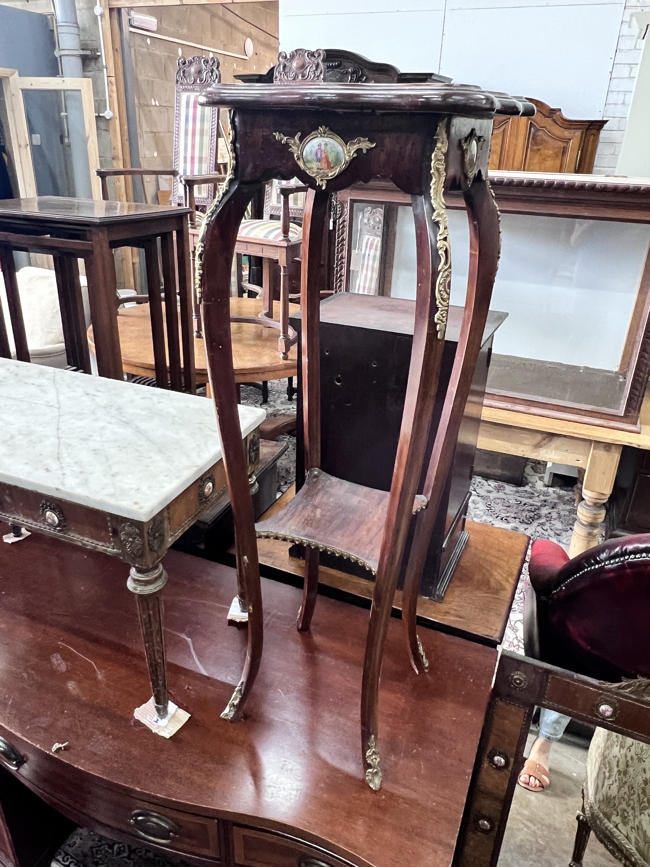 A French porcelain mounted rectangular marble top coffee table, width 68cm, depth 35cm, height 44cm together with a similar two tier plant stand and wall mirror